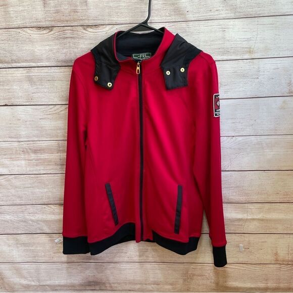 LAUREN RALPH LAUREN ACTIVE HOODED KNIT JACKET IN RED - Picture 1 of 7